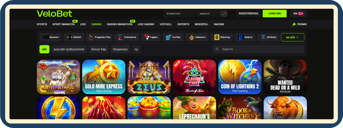 Skjermbilde av spilleautomatene hos VeloBet Casino - slots fra ulike leverandører testet av Spillnettsteder