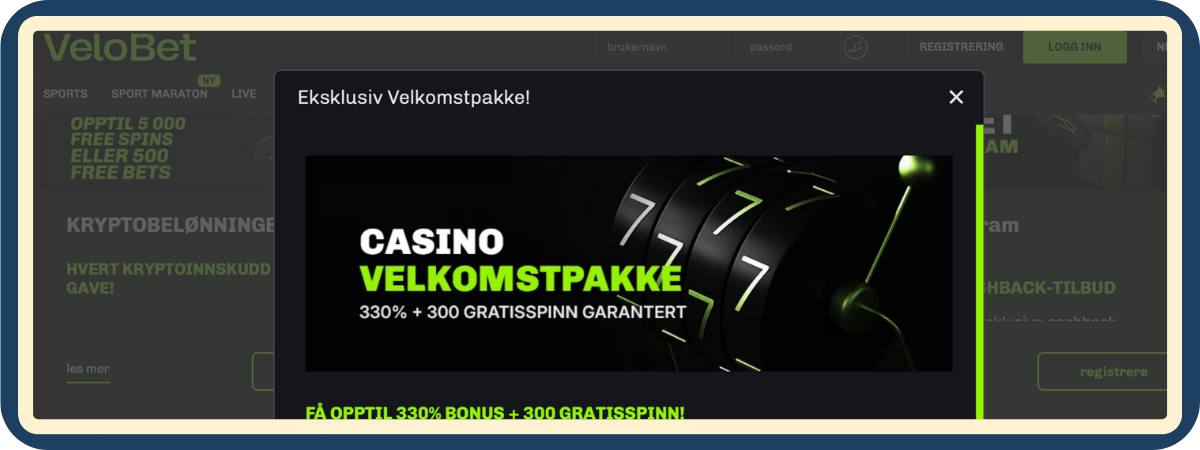 Skjermbilde av velkomstpakken hos VeloBet Casino - opptil 330 prosent bonus og 300 gratisspinn