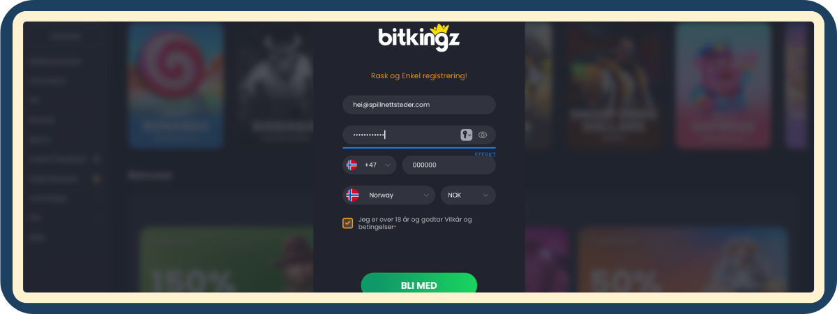 Registreringsskjema hos Bitkingz Casino