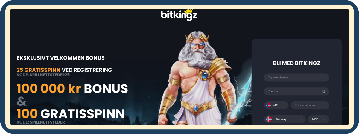 Velkomstbonus hos Eksklusiv første innskuddsbonus hos Bitkingz via Spillnettsteder.com