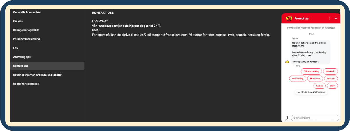 Kundeservice hos FreeSpinza Casino – en informativ, nøytral og ansvarlig gjennomgang basert på våre tester, inkludert responstid, support-kanaler og kvaliteten på hjelpen for å hjelpe spillere med trygge og velinformerte valg.