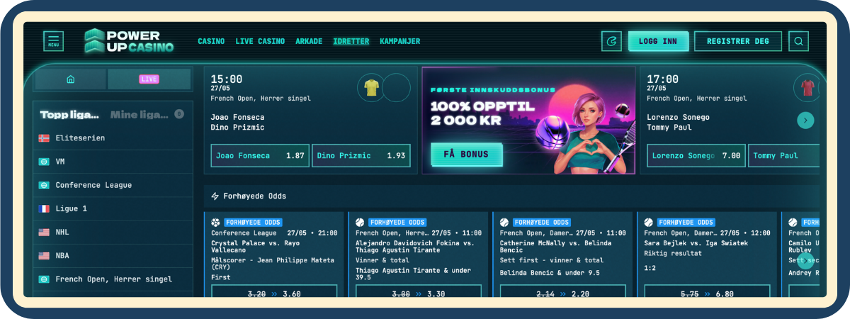 Sportsbetting-grensesnitt hos PowerUp Casino med odds og kamper