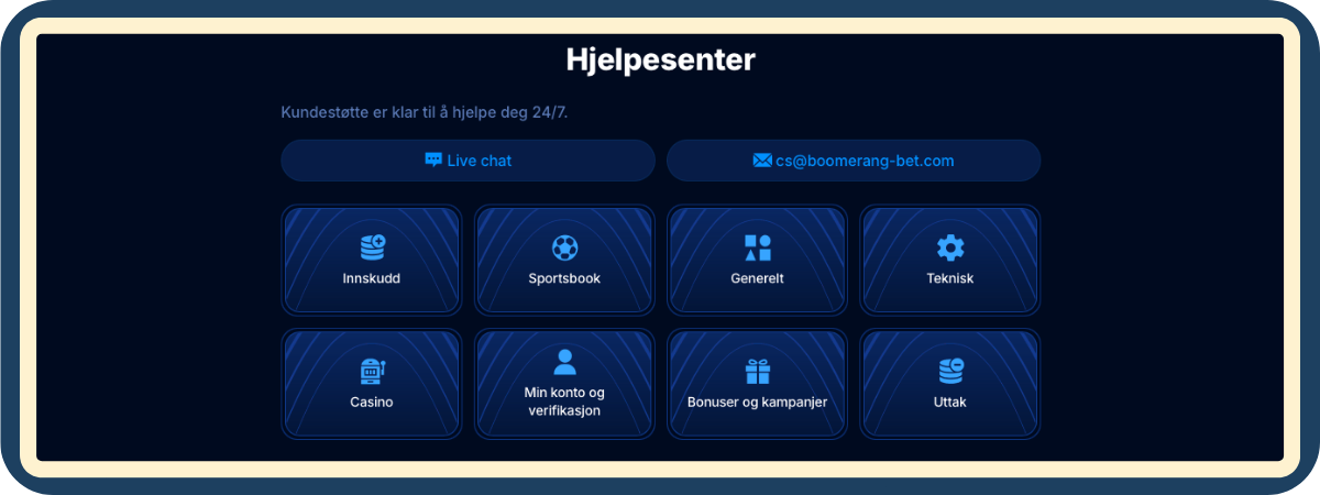 Kundeservice hos Boomerang Bet Casino Kundeservice hos Boomerang Bet Casino – en informativ og balansert gjennomgang av tilgjengelige supportkanaler, responstid og kvalitet på hjelpen, presentert for å hjelpe spillere med å få trygg og effektiv støtte ved spørsmål eller problemer.
