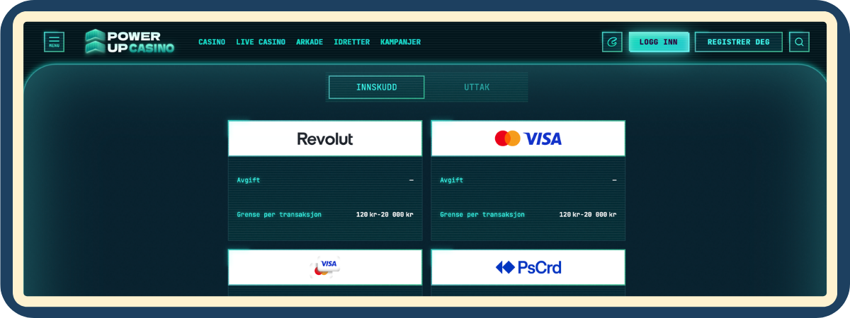 PowerUp Casino betalingsmetoder for inn- og utbetaling