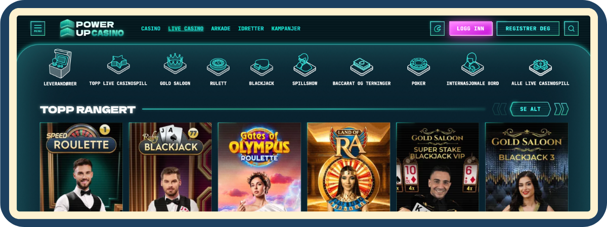 Live casino-bord med dealer hos PowerUp Casino