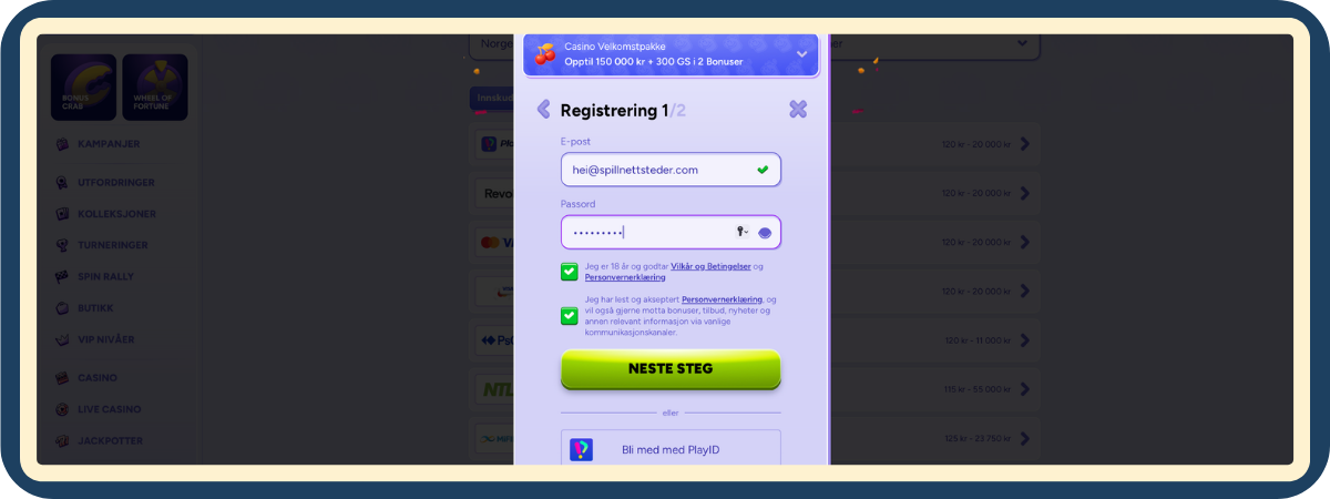 Registrering hos Spinbara casino steg 1 av 2 – opprett innlogging