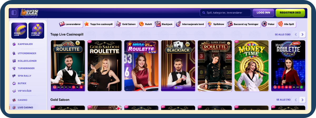 Live casino hos Spinbara Casino med ekte dealere og bordspill