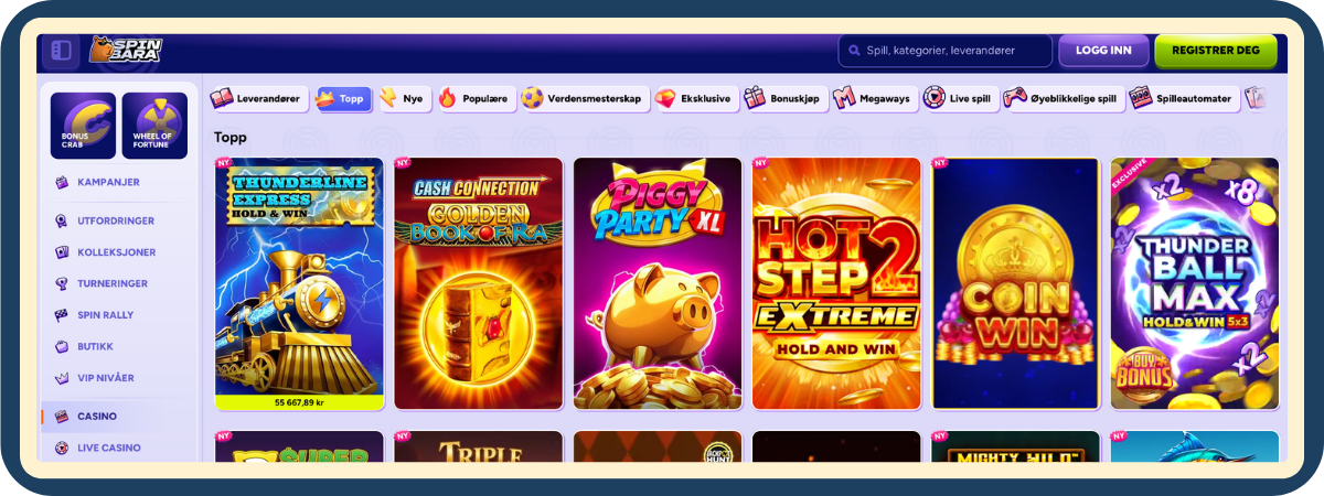 Spilleautomater hos Spinbara Casino med fargerike hjul og symboler