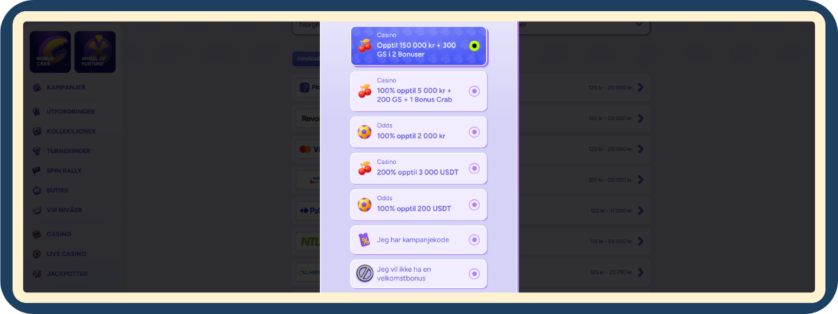 Registrering hos Spinbara Casino – velg din velkomstbonus