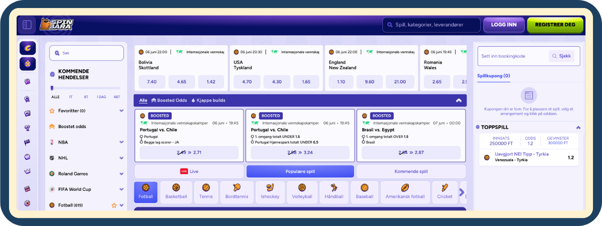 Sportsbetting-grensesnitt hos Sportsbook hos Spinbara Casino