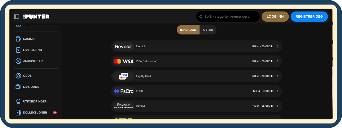 Innskudd og uttak hos MrPunter Casino Innskudd- og uttaksmetoder listet opp hos MrPunter Casino