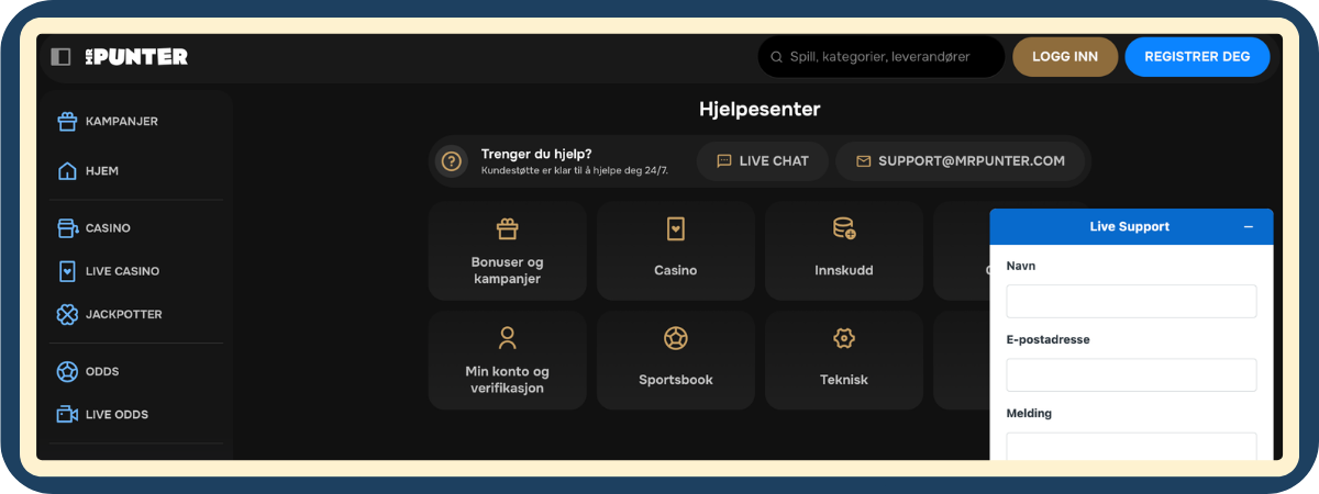 Live chat – kundeservice hos MrPunter Casino Live chat-vindu i kundeservice hos MrPunter Casino