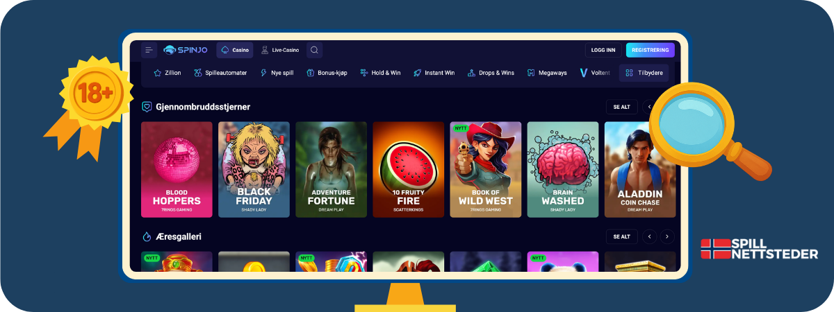 Spinjo Casino – anmeldelse og erfaringer | Forsiden Spinjo Casino forsiden med spilloversikt og navigasjonsmeny