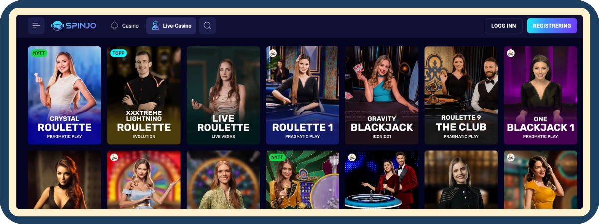Live casino hos Spinjo Casino Live casino-bord med dealer hos Spinjo Casino