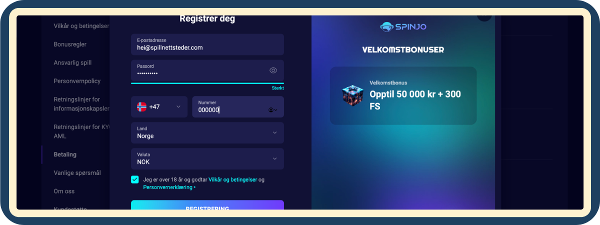 Registrering hos Spinjo Casino – Steg for steg Registreringsskjema hos Spinjo Casino steg for steg