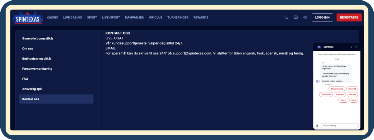 Live chat-vindu åpent hos SpinTexas Casino