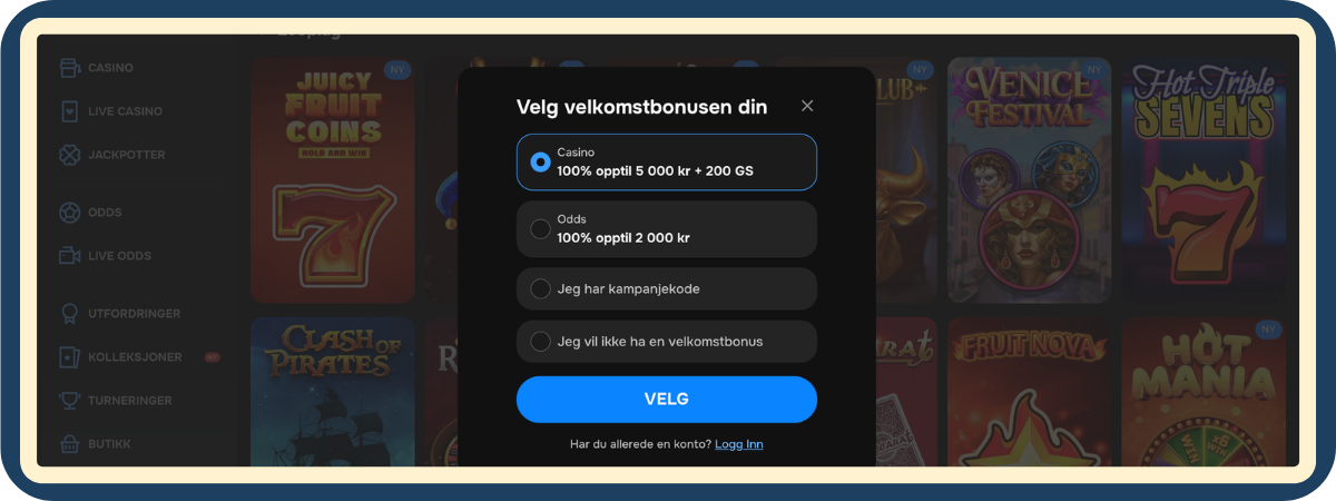 Steg 1 registrering hos MrPunter casino – velg velkomstbonus Steg 1 hos MrPunter casino: velg velkomstbonus ved registrering