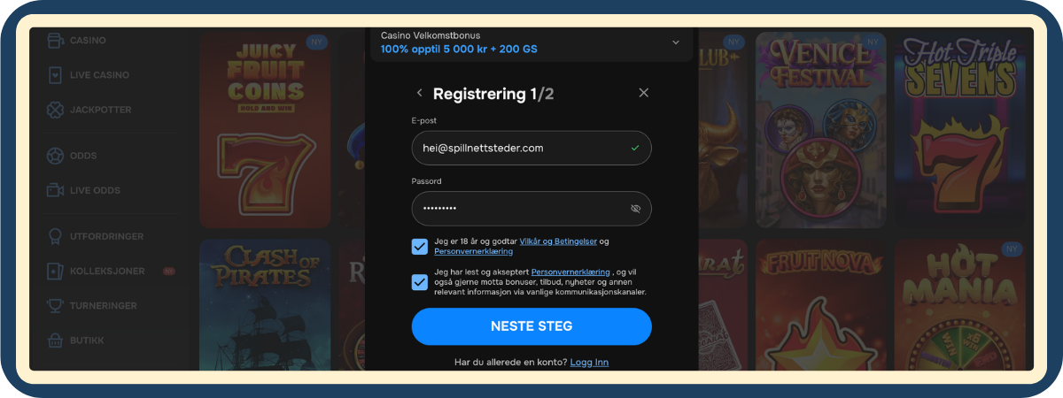 Steg 2 registrering hos MrPunter casino – Opprett innlogging (1/2) Steg 2 av registrering hos MrPunter casino: opprett innlogging