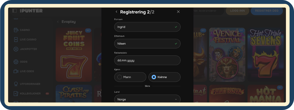Steg 3 registrering MrPunter casino – Personopplysninger (2/2) Steg 3 hos MrPunter casino: skjema for personopplysninger del to