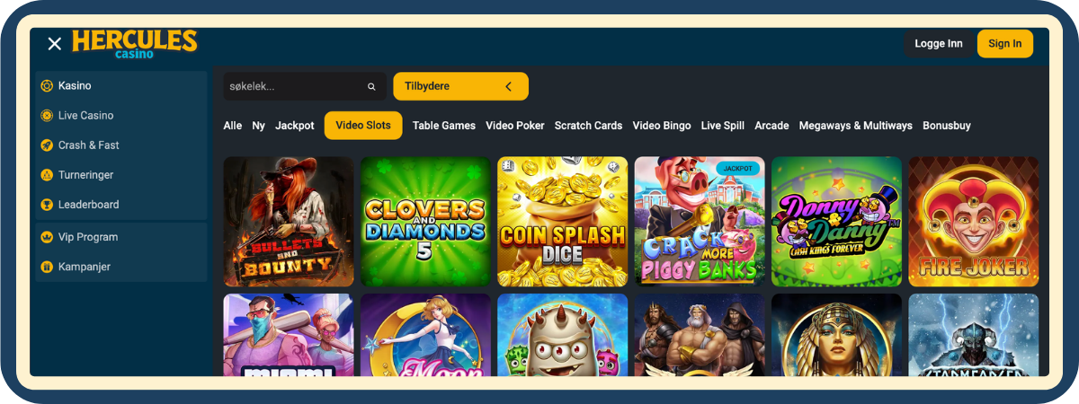 Spilleautomater hos Hercules Casino – utvalg av automater Spilleautomater hos Hercules Casino med fargerike hjul og symboler