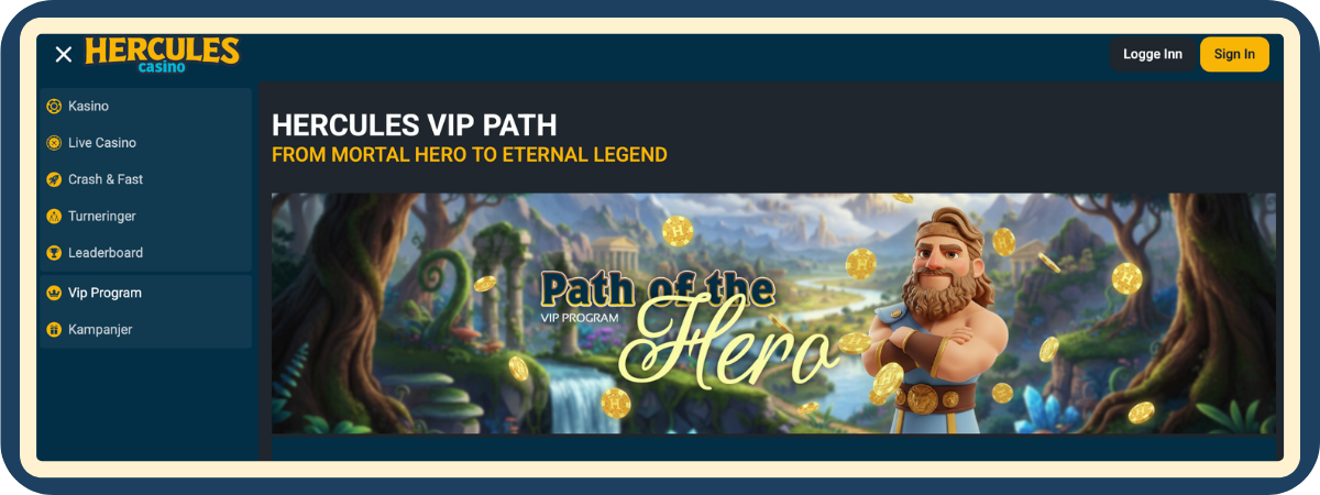 Hercules Casino – Path of the Hero VIP-program med fem nivåer Path of the Hero Hercules Casino VIP-program oversikt fem nivåer