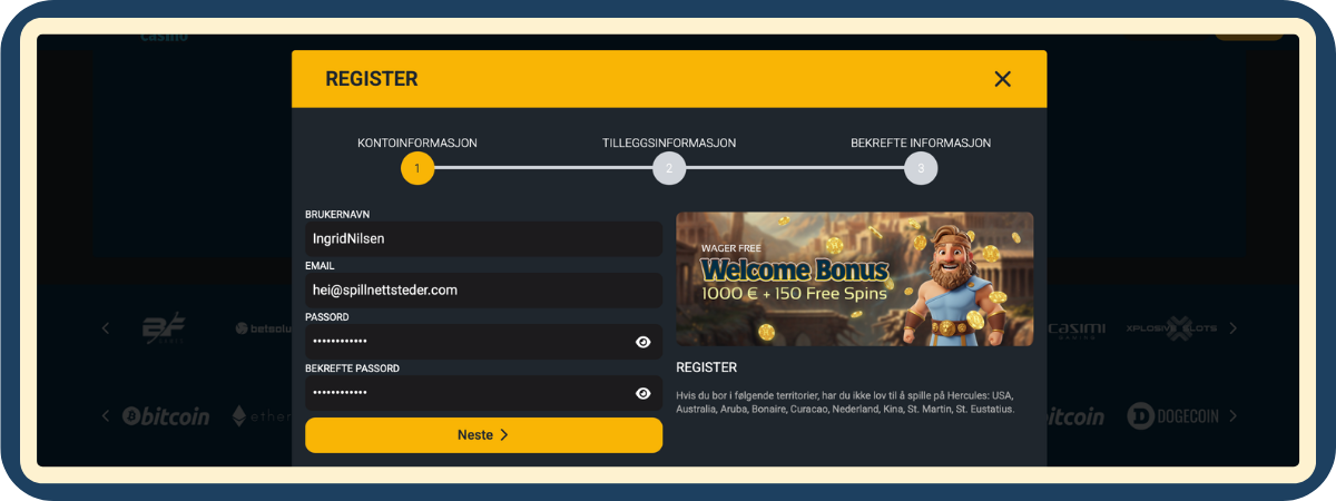 Registrering hos Hercules Casino – tre steg, ren prosess Registreringsskjema hos Hercules Casino med tre tydelige steg