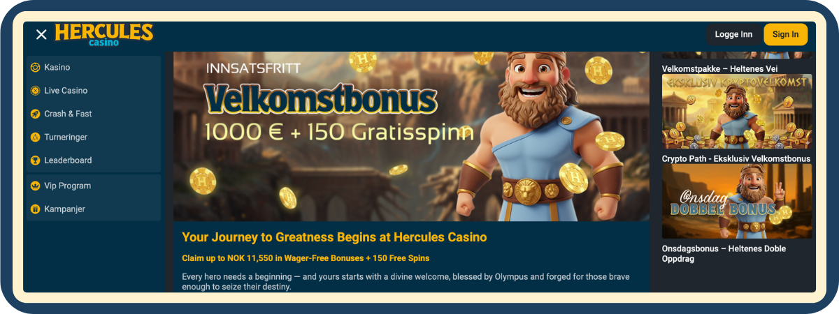 Wager-free velkomstpakke – 300% opptil 11 550 kr hos Hercules Casino Wager-free velkomstpakke 300% opptil 11 550 kr hos Hercules Casino