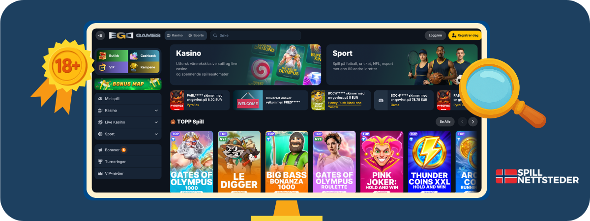 Ego Games Casino – anmeldelse og erfaringer | Lobbyen Ego Games Casino lobbyside med spillutvalg og navigasjon