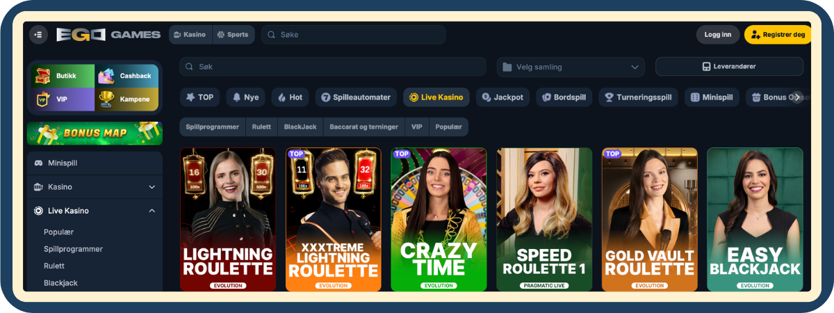 Live casino-lobby hos Ego Games Casino Live casino-lobby hos Ego Games Casino med flere spillebord