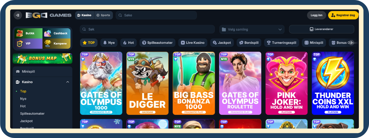 Spilleautomater hos Ego Games Casino Spilleautomater i lobbyen hos Ego Games Casino