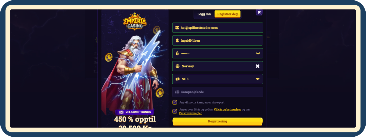 Registrering hos Emperia Casino – Steg for steg Registreringsskjema hos Emperia Casino vist steg for steg