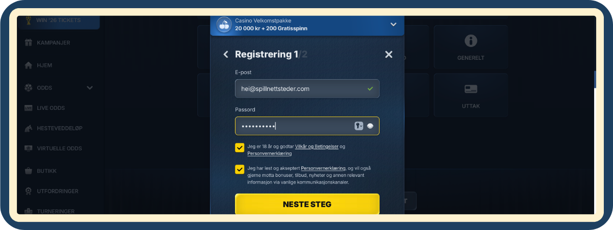 Velg velkomstbonus under registrering hos BetRepublic Casino