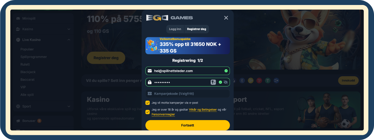 Registrering hos Fyll inn opplysninger og velg velkomstbonus Registreringsskjema hos Fyll inn opplysninger og velg velkomstbonus