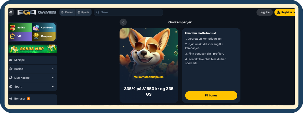 Velkomstpakke – 335% opptil 31 650 kr og 335 gratisspinn Velkomstpakke med 335% bonus opptil 31 650 kr og 335 gratisspinn