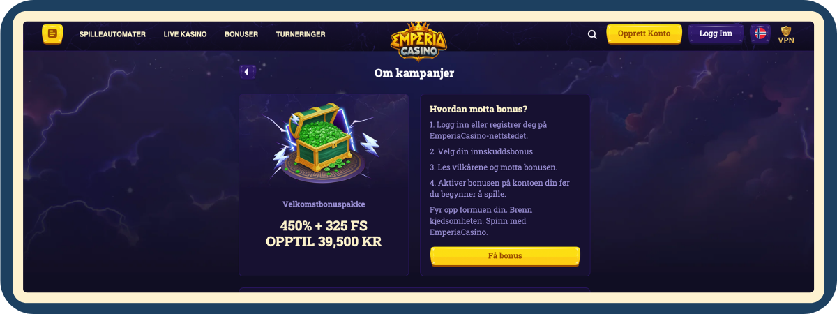 Velkomstpakke – 450% + 325 FS opptil 39 500 NOK Velkomstpakke 450% pluss 325 FS opptil 39 500 NOK bonus