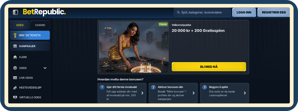 Velkomstbonus hos Velkomstpakke – Inntil 20 000 kr og 200 gratisspinn